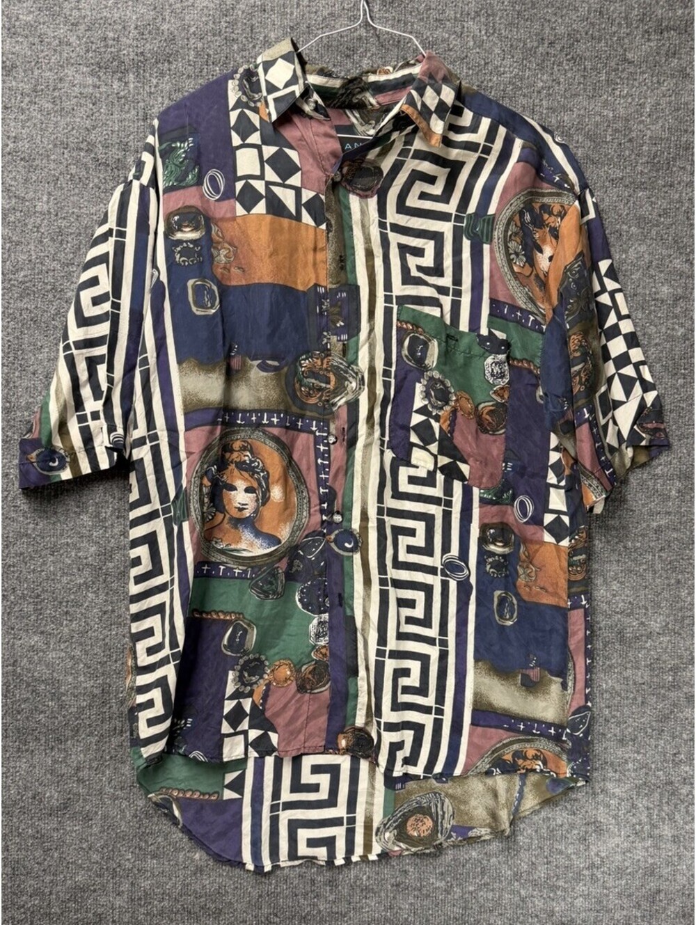 Antana 100% Silk Shirt XL Vintage 90s Abstract Art Deco Pattern Bold Retro